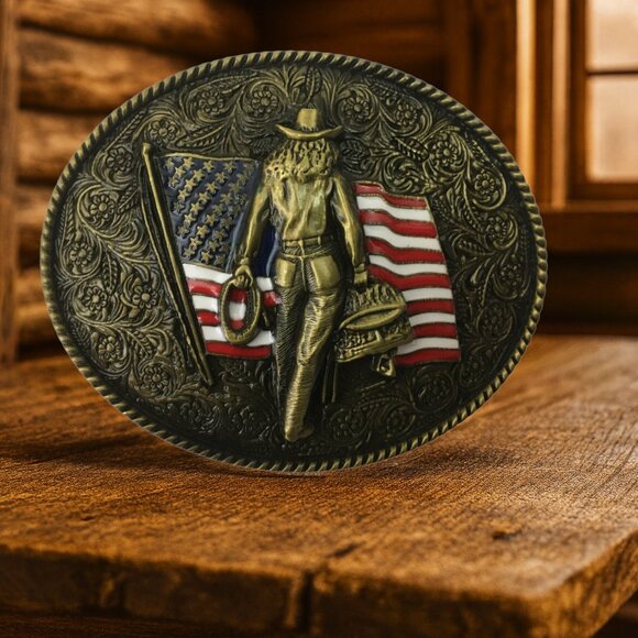 Western Belt Buckle with Christmas Tin Country Girls Buckles USA Flag America - Picture 9 of 11